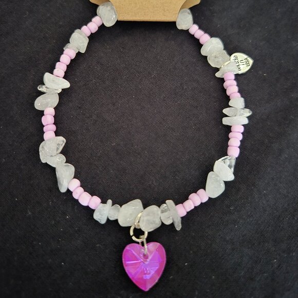 Handmade Western Hat Band – Pink Beads, Clear Stone Chips, Heart Charm - Picture 3 of 4